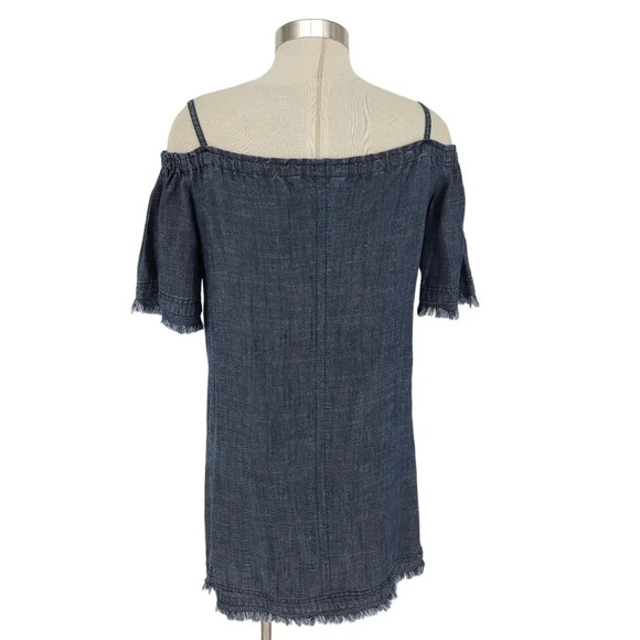 Trina Turk Shift Dress Linen Blue Chambray Off Shoulder Short Sleeve Fringe - Picture 6 of 9